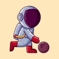 lindo astronauta jugando a los bolos ilustración vectorial de dibujos animados. icono de estilo de dibujos animados o vector de carácter de mascota.