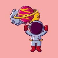 Cute Astronaut Flying with Planet Balloons Cartoon Vector Illustration. Cartoon Style Icon or Mascot Character Vector.