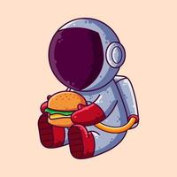 lindo astronauta comiendo hamburguesa ilustración vectorial de dibujos animados. icono de estilo de dibujos animados o vector de carácter de mascota.