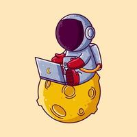 lindo astronauta que trabaja con una computadora portátil en la ilustración vectorial de dibujos animados de la luna. icono de estilo de dibujos animados o vector de carácter de mascota.