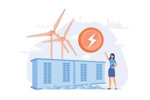 Wind farm with windmills, obtaining energy from natural source. Wind flow generator, non-polluting transformer substation, power production equipment. flat vector modern illustration