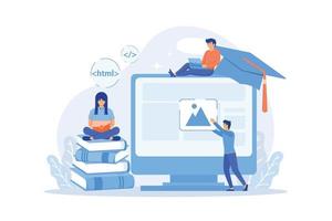 e-learning, clases en línea y webinars. a distancia estudiando. cursos de desarrollo web, programación de desarrollo web, concepto de cursos de codificación en línea superior. ilustración moderna de vector plano