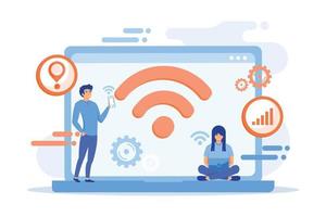 gente de negocios que usa laptop y teléfono inteligente con conexión wifi. conexión wi-fi, tecnología de comunicación wifi, concepto de servicios de internet gratuitos. ilustración moderna de vector plano