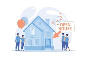 People going to housewarming party flat characters. Open house, open for inspection property, welcome to your new home, real estate service concept. vector