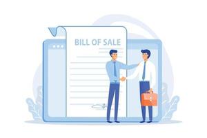 Document for purchase. Customer and purchaser deal. Buying contract. Bill of sale, written selling document, execution of a sales contract concept. flat vector modern illustration