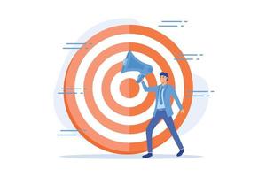 Targeted advertisement campaign. Promotional announcement, customers attraction, promo.Marketer shouting in loudspeaker flat male character.  flat vector illustration