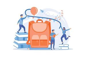 Big backpack, books, teacher and students decorating with colorful festive flags. Organize back to school party, new school year celebration concept. flat vector modern illustration