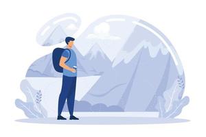 Alone at the fresh air. Vector illustration of young cartoon brunette hiking man, standing on the edge of a cliff and looking into the distance. flat vector modern illustration