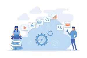 Developers using laptop and smartphone working with cloud data. Multimedia and big data architecture, database, cloud computing, cloud platform concept. vector