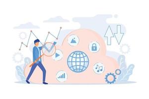 Two users searchig for big data in the cloud. Computing storage technology, large database, data analysis, digital information concept.  flat vector modern illustration