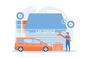 Auto tuner with wrench and toolbox doing vehicle modification at car service. Car tuning, car body shop, vehicle music upgrade concept.  flat vector modern illustration