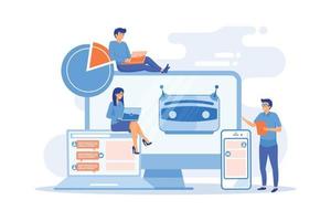 Developers building, testing and deploying chatbots on platforms. Chatbot platform, virtual assistant development, cross-platform chatbot concept. flat vector modern illustration