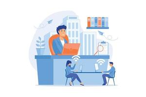 Businessmen use workspace with Wi-Fi reserved on-demand for work, meeting. On-demand workspace, dedicated meeting room, business workspace concept. flat vector modern illustration