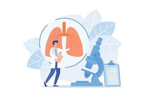 el médico examina la enorme enfermedad de los pulmones y el microscopio. enfermedad pulmonar obstructiva, bronquitis crónica y concepto de enfisema sobre fondo blanco. ilustración moderna de vector plano