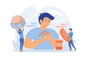 Overweight man eating burger, tiny people giving fast food. Overeating addiction, binge eating disorder, compulsive overeating treatment concept.flat vector modern illustration