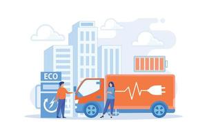 camión eléctrico ecológico con batería de carga de enchufe en la estación de carga. camión eléctrico, logística ecológica, concepto de transporte moderno. ilustración moderna de vector plano