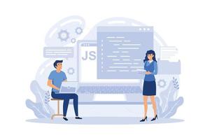 Programmers using JavaScript programming language on computer, tiny people. JavaScript language, JavaScript engine, JS web development concept. flat vector modern illustration