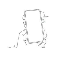 continuous line drawing of person holding smartphone, hand holding smartphone vector