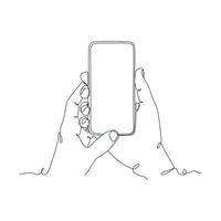 continuous line drawing of person holding smartphone vector