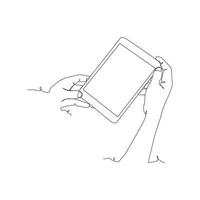 continuous line drawing of person holding smartphone, hand holding smartphone vector