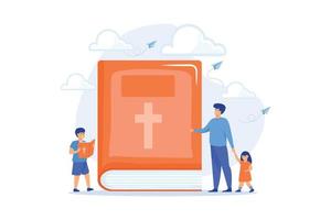 gente diminuta, niños y niñas en un campamento de verano cristiano leyendo la biblia. campamento de verano religioso, campamento basado en la fe, concepto de educación religiosa. ilustración moderna de vector plano