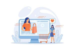 Business woman enjoys video with buyer on shopping sprees. Shopping sprees video, haul video content, beauty fashion lifestyle channel concept. flat vector modern illustration