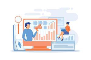 Marketing strategists and content specialist with megaphone and digital devices. Digital marketing team, marketing team strategy concept. flat vector modern illustration