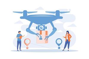 paquete de transporte de drones a pines de ubicación con gente de negocios esperándolo. entrega de drones, drones comerciales, concepto de tendencia comercial de drones. ilustración moderna de vector plano