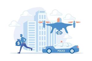 coche de policía y ladrón de seguimiento de drones enmascarados con dinero y escena del crimen. drones policiales, uso de drones policiales, concepto de herramientas iot de ciudad inteligente. ilustración moderna de vector plano