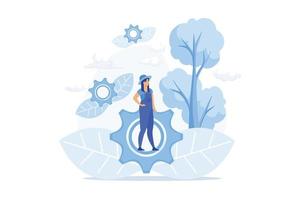 Ecology protection. Environment preservation, nature conservation, eco friendly mechanism idea. Cogwheels and leaves, mechanical parts with foliage.  flat vector modern illustration