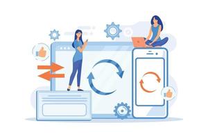 User with laptop and smartphone synchronizing. Cross-device syncing, cross-device synchronization and operation concept on white background.  flat vector modern illustration