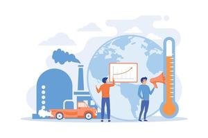 gente en pánico para anunciar datos de calentamiento global. globo con planta de energía y humos de tráfico como símbolo de contaminación ambiental, impacto de calentamiento global. ilustración moderna de vector plano