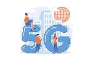 pequeños empresarios con dispositivos móviles que utilizan tecnología 5g. Red 5g, conectividad de próxima generación, concepto moderno de comunicación móvil. ilustración moderna de vector plano