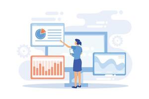 investigación de datos estadísticos, indicadores de rendimiento de la empresa, retorno de la inversión. relación porcentual, fluctuación de índices, cambio significativo. ilustración moderna de vector plano