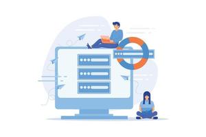 Tiny people programmers with laptops save data on backup server with lifebuoy. Backup server, online backup storage, secondary system server concept. flat vector modern illustration