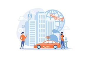 People with smartphones around modern facilities connected to global web network with wi-fi signs. Internet of things, IoT infrastructure and smart city concept. flat vector modern illustration