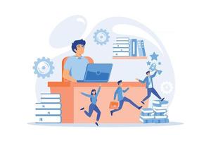 Businessman at laptop and leader runs up on books with trophy and his team. Business leadership, managing skills, leadership training plan concept. flat vector modern illustration