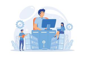 System administrators or sysadmins are servicing server racks. System administration, upkeeping, configuration of computer systems and networks concept. flat vector modern illustration