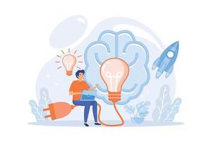 A man in workplace with laptop, big light bulb, rocket and human brain. Idea, start up launching, business success, brainstorm concept, pinkish coral blue palette. flat vector modern illustration