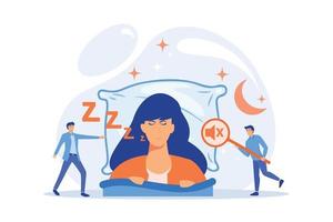 hombre de negocios durmiendo en la cama y roncando, gente diminuta despierta y enojada escuchando. ronquidos nocturnos, síndrome de apnea del sueño, concepto de tratamiento de ronquidos y apnea. ilustración moderna de vector plano