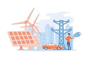 Businessman in green city and electric car using alternative fuel. Alternative fuels, chemically stored electricity, non-fossil sources concept. flat vector modern illustration