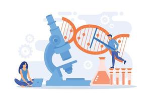 microscopio y científicos cambiando la estructura del adn. concepto de ingeniería genética, modificación genética y manipulación genética sobre fondo blanco. ilustración moderna de vector plano