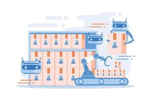 Storehouse automatic packages loading technology. Warehousing robotization, warehouse robotics engineering, self-driving forklifts concept. flat vector modern illustration