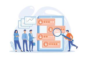 analista de personas diminutas observando el desempeño de los trabajadores en la tableta. calificación de rendimiento, medición del trabajo de los empleados, concepto de retroalimentación de la eficiencia del trabajo. ilustración moderna de vector plano