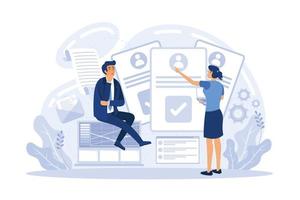 gerente de recursos humanos con empleado en entrevista y diagrama de flujo de negocios. software de evaluación de empleados, sistema de empresa de recursos humanos, concepto de programa de verificación de empleados. ilustración moderna de vector plano