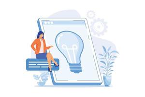 Creative business solution presentation. Profitable startup, idea, company development strategy. Lightbulb on tablet screen. Brainstorming symbol. flat vector modern illustration