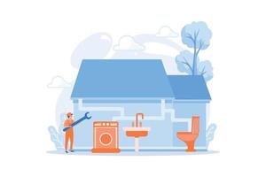 Repairman service. Handyman with wrench, mechanic. Plumber services, full service sewer and drain repair, cheap and reliable plumbers concept.  flat vector modern illustration