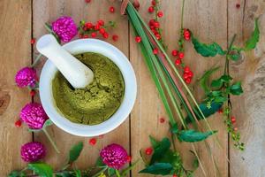 Fresh herbs powder in the mortar, alternative medicine photo