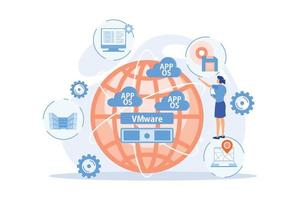 maquinas virtuales. sistema operativo y almacenamiento de datos. tecnología de virtualización, representación virtual de procesos, concepto de reducción de gastos. ilustración moderna de vector plano