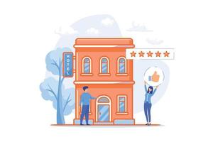 Business people with thumb up for modern trendy lifestyle hotel. Lifestyle hotel, modern hospitality trend, cutting-edge hotel concept.  flat vector modern illustration
